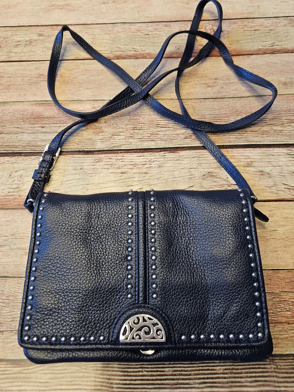 Brighton Navy Pretty Tough organizer leather crossbody bag